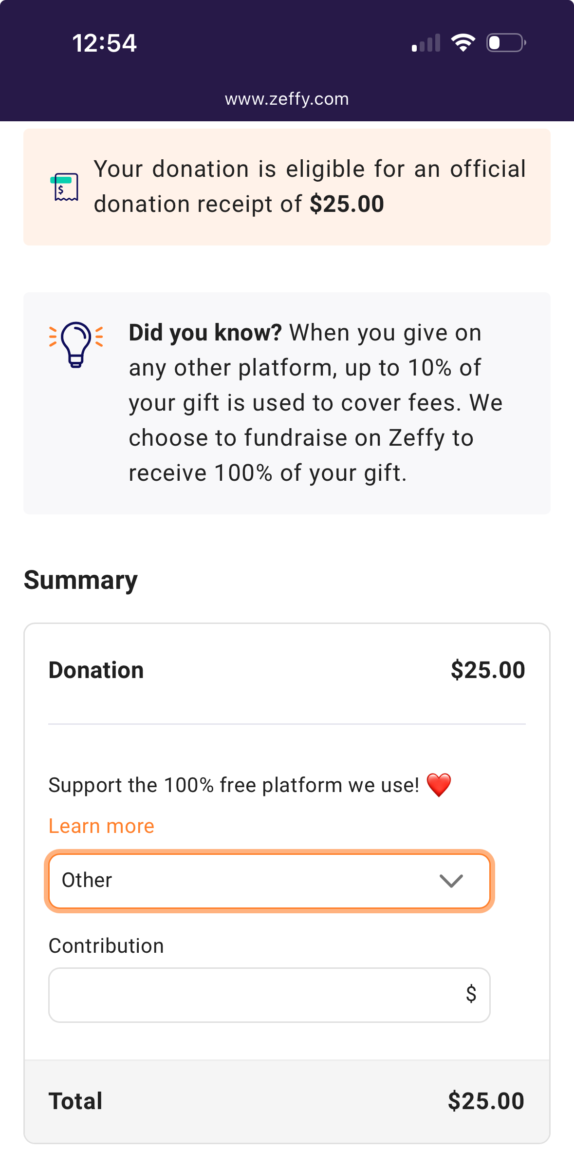 A screenshot of a donation summary page on Zeffy. It shows a $25 donation and highlights that Zeffy is a free platform, allowing donors to support it by covering platform fees. A dropdown menu offers options to contribute 17%, 20%, or 22% of the donation amount as a tip, to select "Other" for custom amounts.