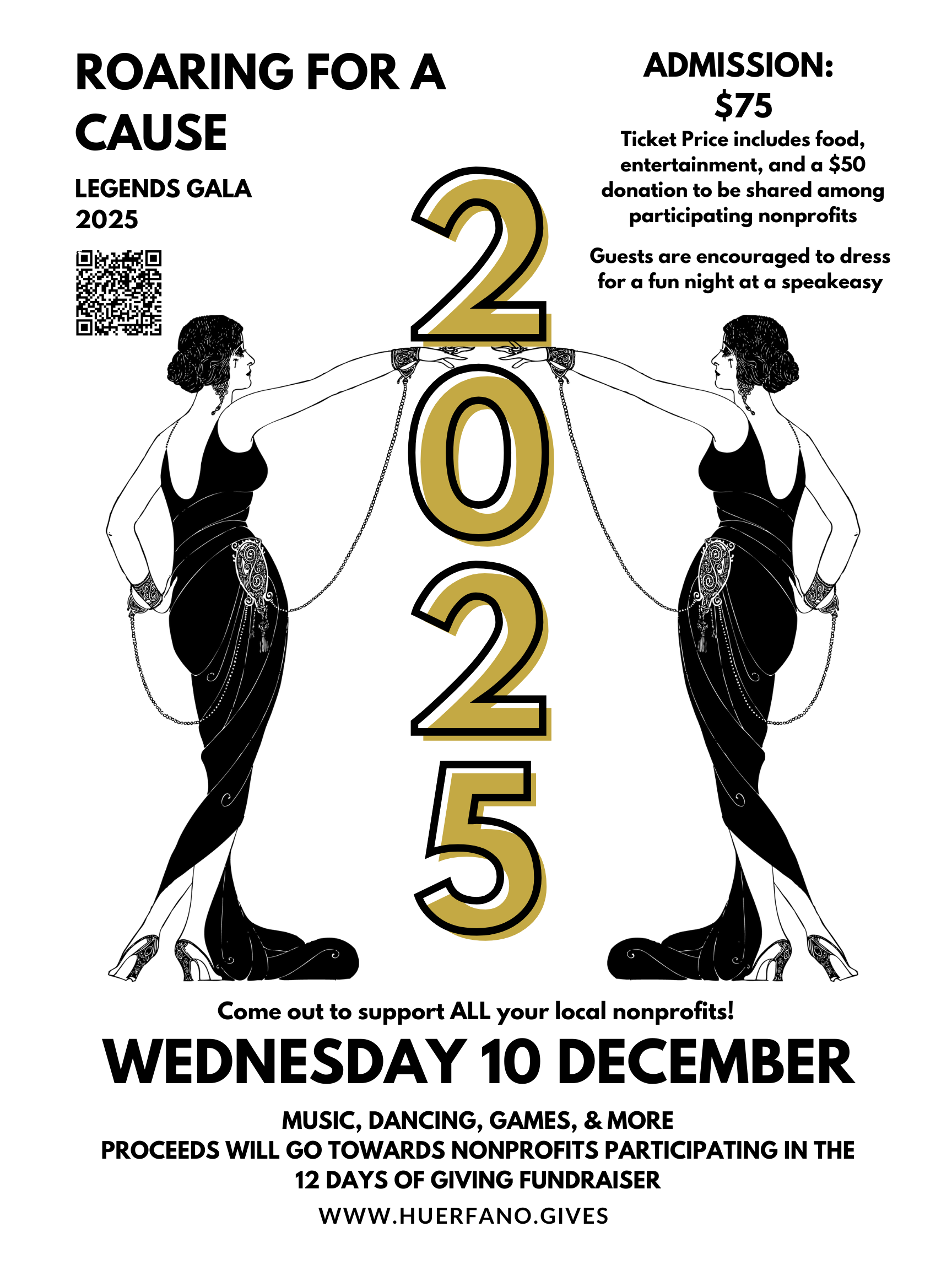 Promotional poster announcing the 2025 Legends Gala. General admission is $75. Guests are encouraged to dress for a fun night at a speakeasy. Event takes place December 10th at 6 p.m. at The Stokehouse in Walsenburg. Website: www.huerfano.gives.